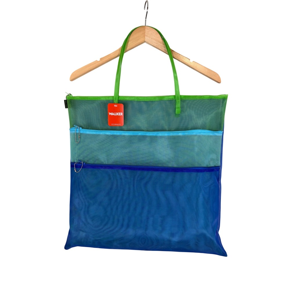 New Walker Mesh 3 Zipper Tote Bag Large Blue Green Multi Pocket Needlework Read!